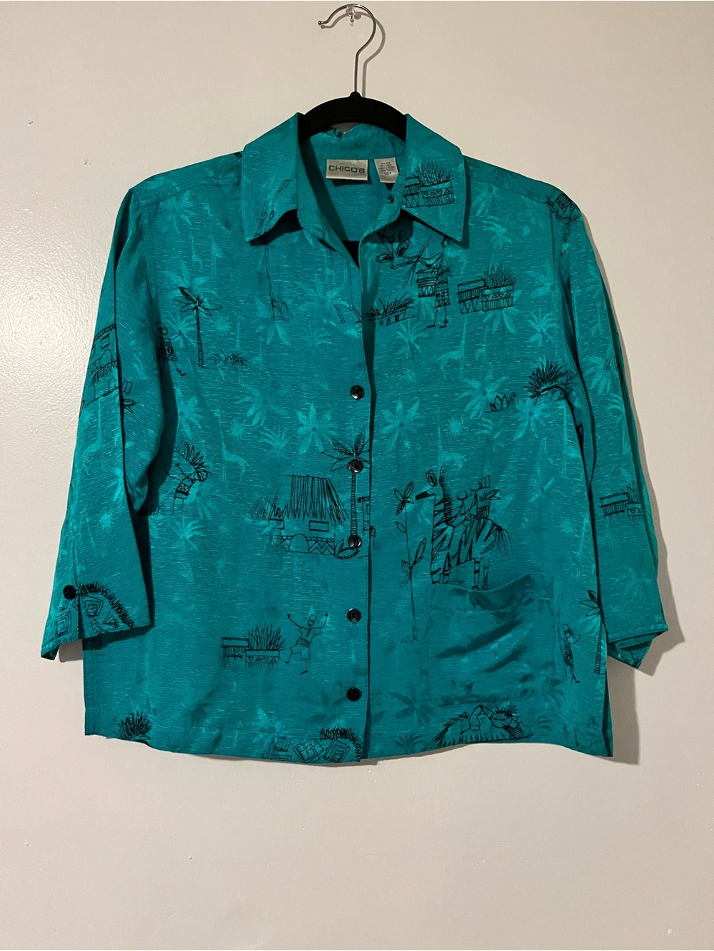 Chico's SILK & LINEN Teal Island-Print Button Front Blouse